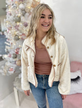 Zoey Plush Ivory Button Down Jacket with Patch Work Pockets