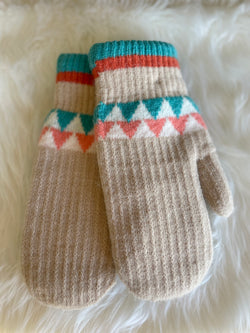 Teal, Coral & Tan Mittens w/Fur Lining