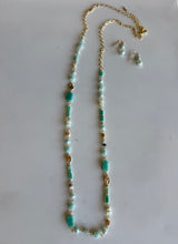 Teal & Gold Glass & Stone Beads Long Necklace and Earring Set