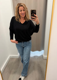 Black Ribbed Long Sleeve V-Neck Loungewear Sweater Top