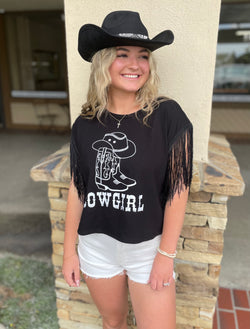 Cowgirl Black Fringe Graphic Crop Top