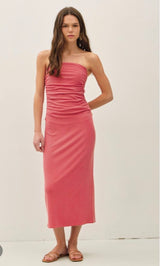 Peony Pink Ruched Strapless Midi Dress