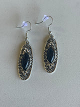 Antique Silver Oval Drop Black Stone Fishhook Earrings