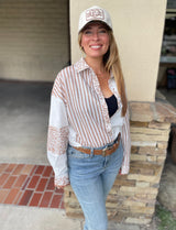 Khaki Leopard & Stripe Patchwork Long Sleeve Button Down Top w/Front Pocket