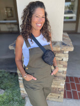 Olive Green Pant Overall w/Front Pocket, Side Pockets & Button Side Closure