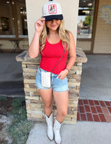 Red Lace Trim Ribbed Tank Top