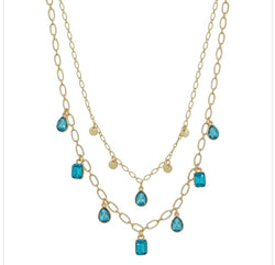 Teal Multi Crystal 2 Layer Gold Necklace
