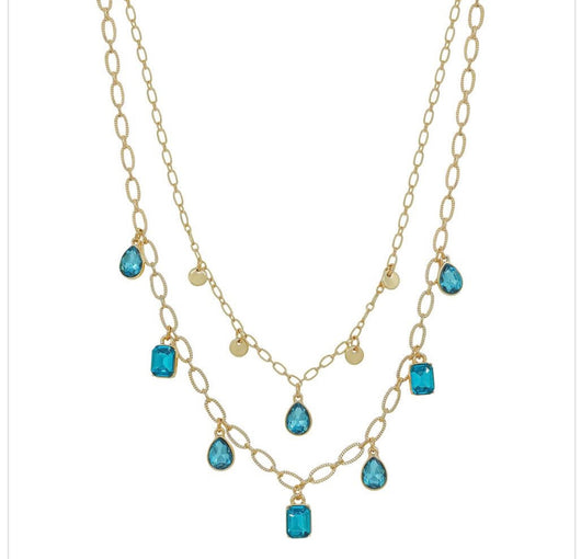 Teal Multi Crystal 2 Layer Gold Necklace