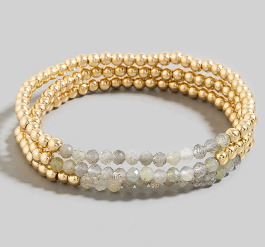 Lapis Stone & Gold Ball Set of 3 Stretch Beaded Bracelets