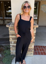 Black Flowy Leg Tank Jumper w/Drawstring Waist, Adjustable Straps and Pockets