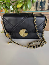 Black Quilt Design & Gold Circle Snap Closer Purse w/Gold Chain and Leather Strap