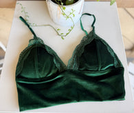Green Velvet Bralette Top w/Lace Trim and Adjustable Straps