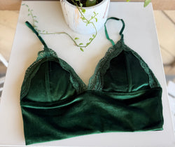 Green Velvet Bralette Top w/Lace Trim and Adjustable Straps