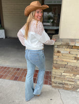 Khaki Leopard & Stripe Patchwork Long Sleeve Button Down Top w/Front Pocket