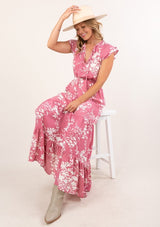 Dusty Pink & White Floral Print Tiered Maxi Dress w/Flutter Sleeve and Tassels by Lovestitch