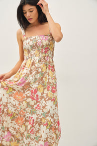 Breezy Tan & Pink Flower  Print Midi Dress w/ Pockets and Adjustable Straps