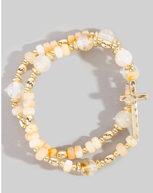 Natural Glass Stone & Gold Beads w/Cross Set of 2 Stretch Bracelets