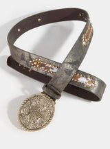 Brown Metallic Vegan Leather W/Gold Studs and Animal Design Belt with Gold Cross Buckle