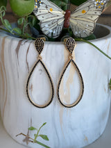 Black Stones & Gold Teardrop Post Earrings