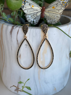 Black Stones & Gold Teardrop Post Earrings