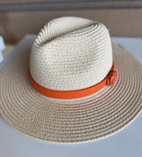 Beige Straw Sunhat w/Orange Faux GG Band and Adjustable Fit