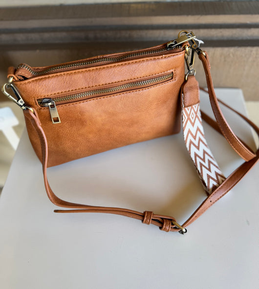 Tan Crossbody Haute Fashion Purse w/Guitar Wristlet & Zipper Pockets