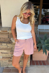 Soft Pink Linen Classic Shorts w/Pockets, Elastic Waist & Button