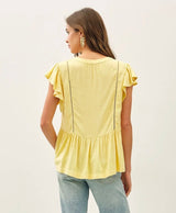 Yellow Flowy Ruffle Cap Sleeve & Woven Stitch Detail Top