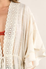Metallic Ivory & Gold Stripe OS Kimono Kaftan w/Lace Trim & Front Tie by Lovestitch