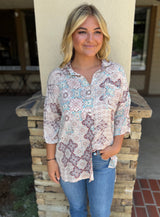 Seafoam & Berry Boho Print Button Down Top