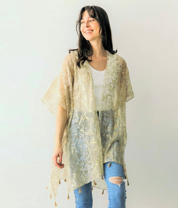 Gold Shimmer Sheer Kimono Top w/Tassels
