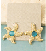 Gold Starfish & Aqua Stone Post Earrings