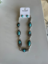 Chunky Turquoise Stones & Antique Silver Necklace and Post Earring Set