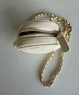 Cream Quilted Small Round Purse w/Gold Chain & Cream Leather Strap