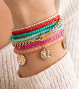 Pink & Teal Seed Bead Bracelets w/Gold Feather Charm Set