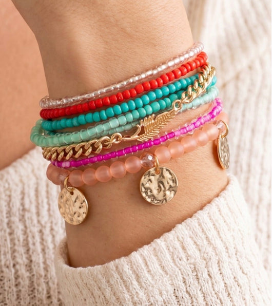 Pink & Teal Seed Bead Bracelets w/Gold Feather Charm Set