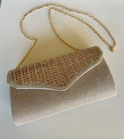 Gold Sparkly Clutch Purse w/Gold Chain Strap & Snap Closure