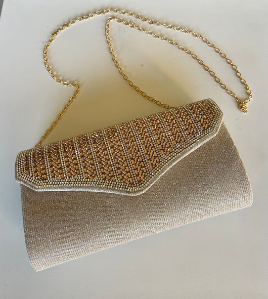 Gold Sparkly Clutch Purse w/Gold Chain Strap & Snap Closure