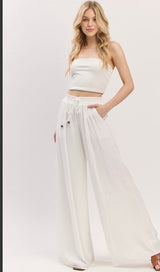 Off White Beachy Wide Leg Pants w/Elastic Tie Waist & Pockets