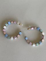 Lavender & Blue Square Wood Beads Open Hoop Earrings