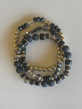 Black & Gold Set of 3 Stretch Beaded Bracelets w/Chain Attachment