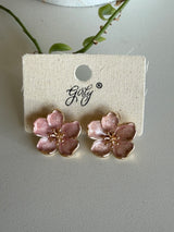 Tropical Pink Flower & Gold Post Earrings