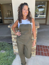 Olive Green Pant Overall w/Front Pocket, Side Pockets & Button Side Closure