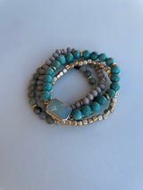 Turquoise & Grey Set of 4 Stretch Beaded Bracelets