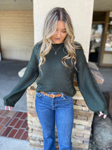 Hunter Green Cable Knit Crew Neck Pullover Sweater