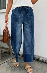 The Julia Dark Denim Wide Leg Patchwork Jeans w/Drawstring Waistband & Pockets