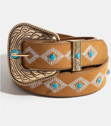 Diamond Embroidered & Turquoise Stone Brown Belt w/Gold Buckle