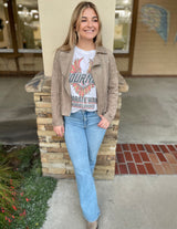 Buttery Suede Feel Taupe Moto Jacket w/Zippers & Pockets