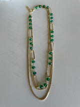 Gold Chain Link & Emerald Green Beads Layered Necklace