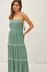 Teal Breezy Embroidered Tiered Maxi Dress w/Tie Straps